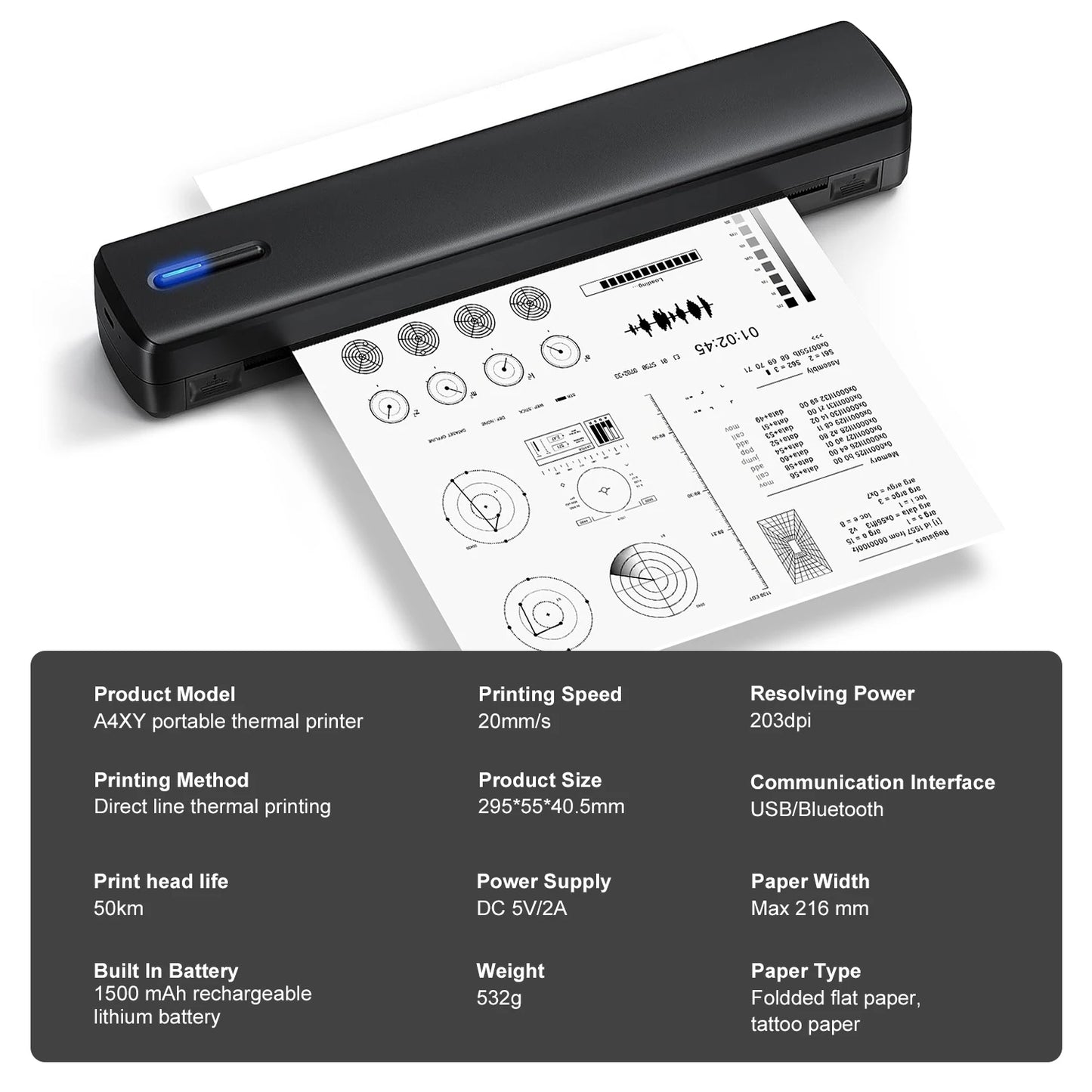 Portable A4 thermal printer, tattoo template printer, 1500mAh rechargeable battery