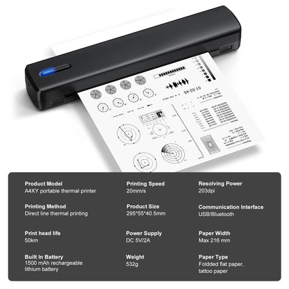 Portable A4 thermal printer, tattoo template printer, 1500mAh rechargeable battery