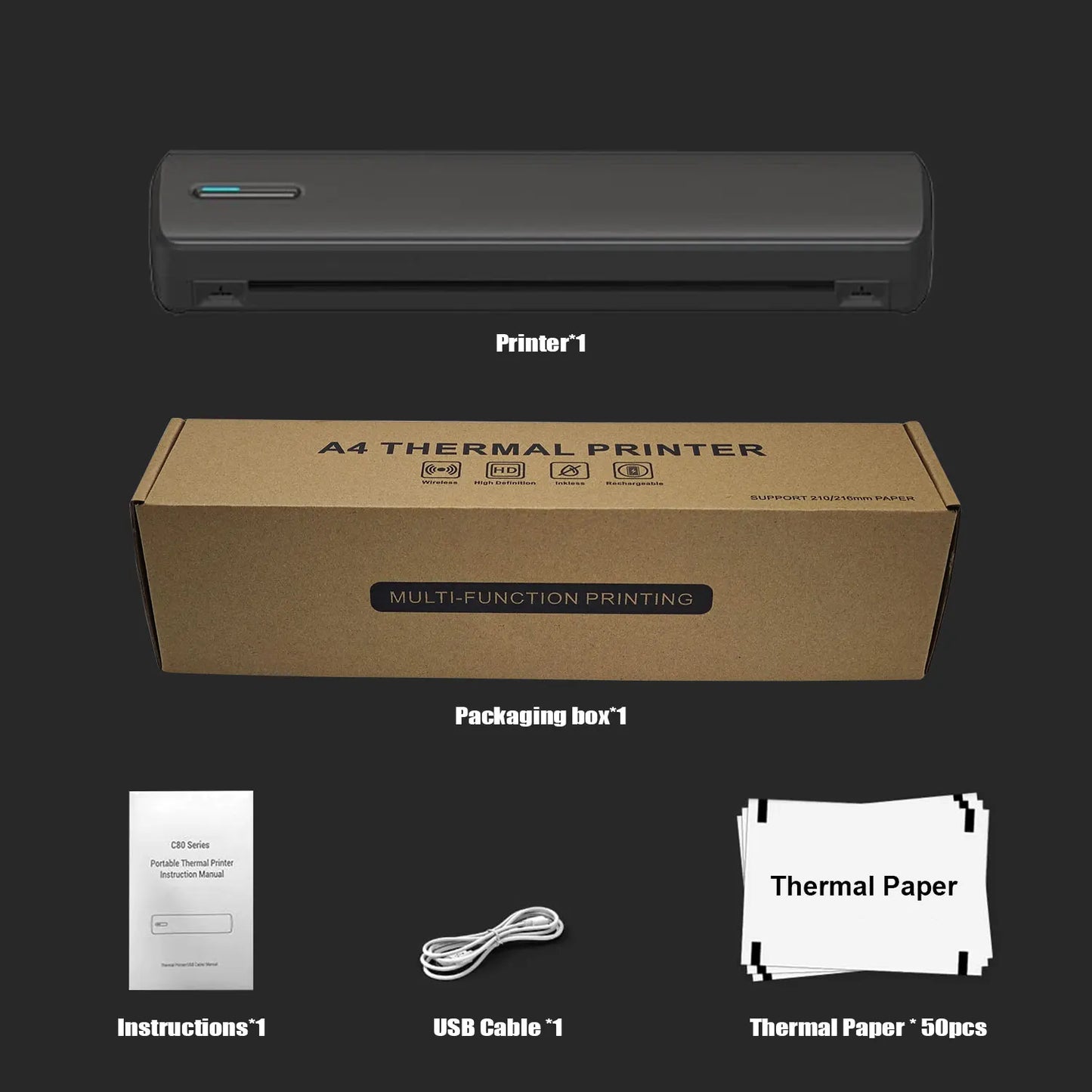 Portable A4 thermal printer, tattoo template printer, 1500mAh rechargeable battery