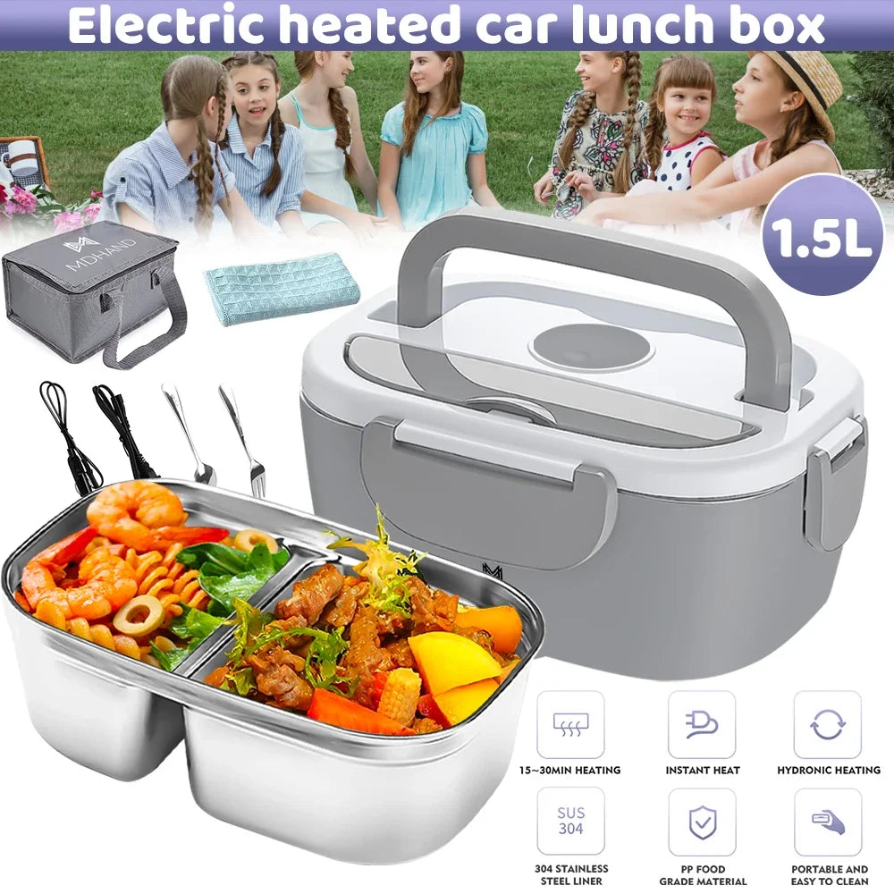 1.5L 65W Portable Electric Lunch Box for Car Or Home -  Stainless Steel Liner with Cloth
