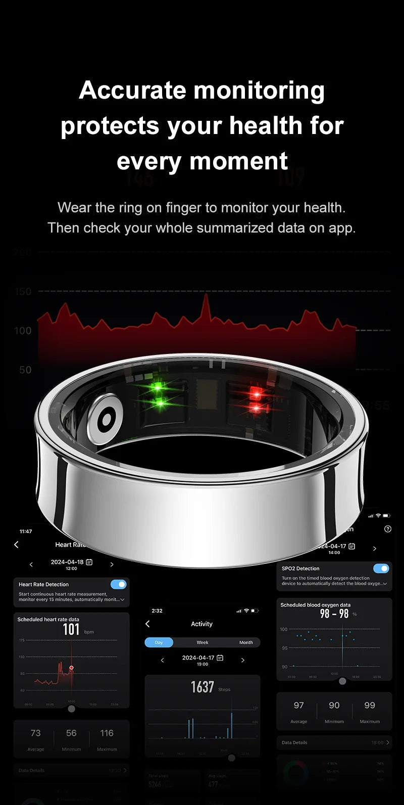Smart Ring Men Women with Charging Case ,Heart Rate Blood Oxygen,Skin Temperature Monitor
