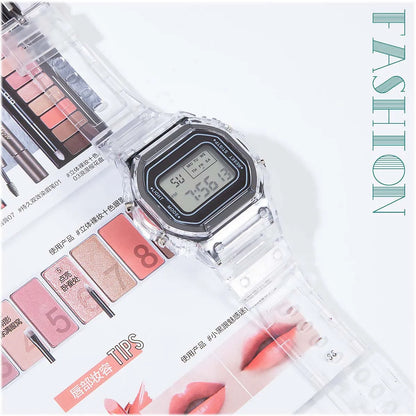 Electronic Transparent Watch Waterproof  Women Square Student Black LED Watch