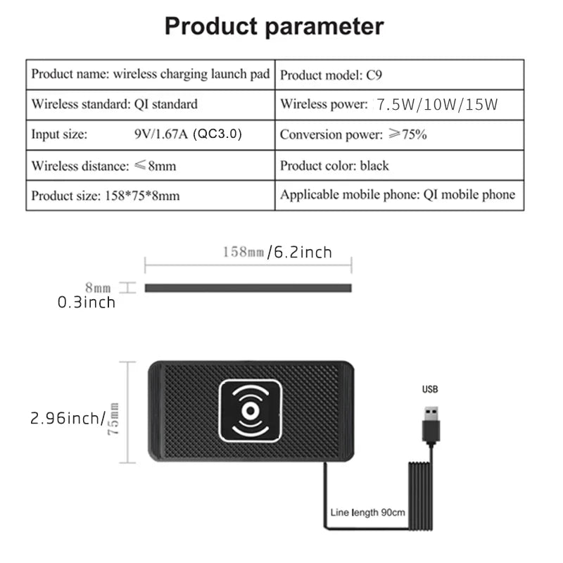Cordless 15W Car Charger Pad Non-Slip Qi Fast Charging for Android & iPhone 11/12/13/14 - Vehicle Phone Charger