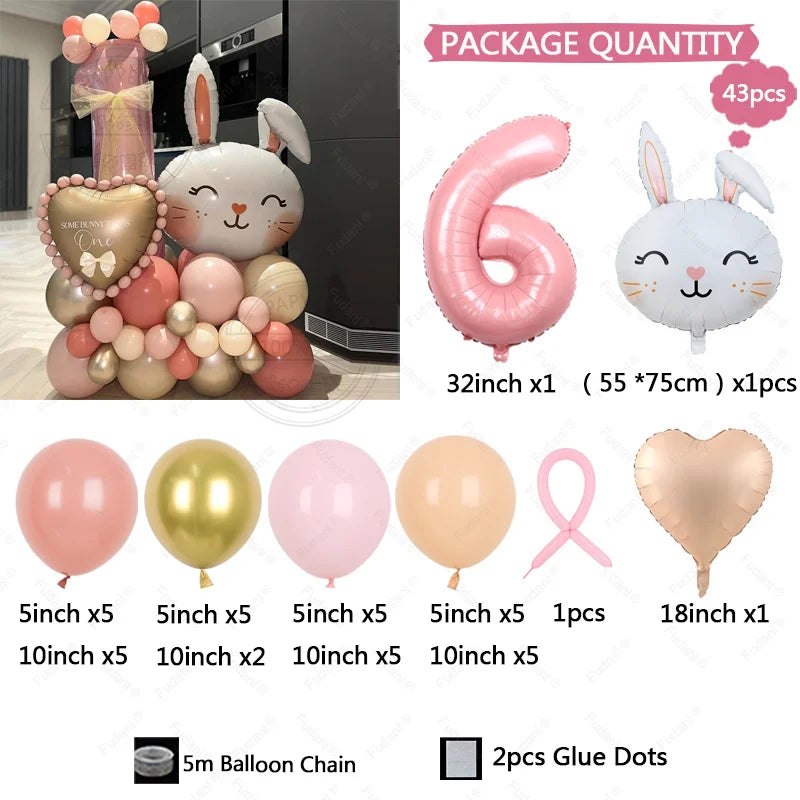 43pcs Rabbit Balloon Set With 32inch 1-9 Pink Number Balloon for Easter Themed Birthday Party Decoration Kids Toys Helium Globos