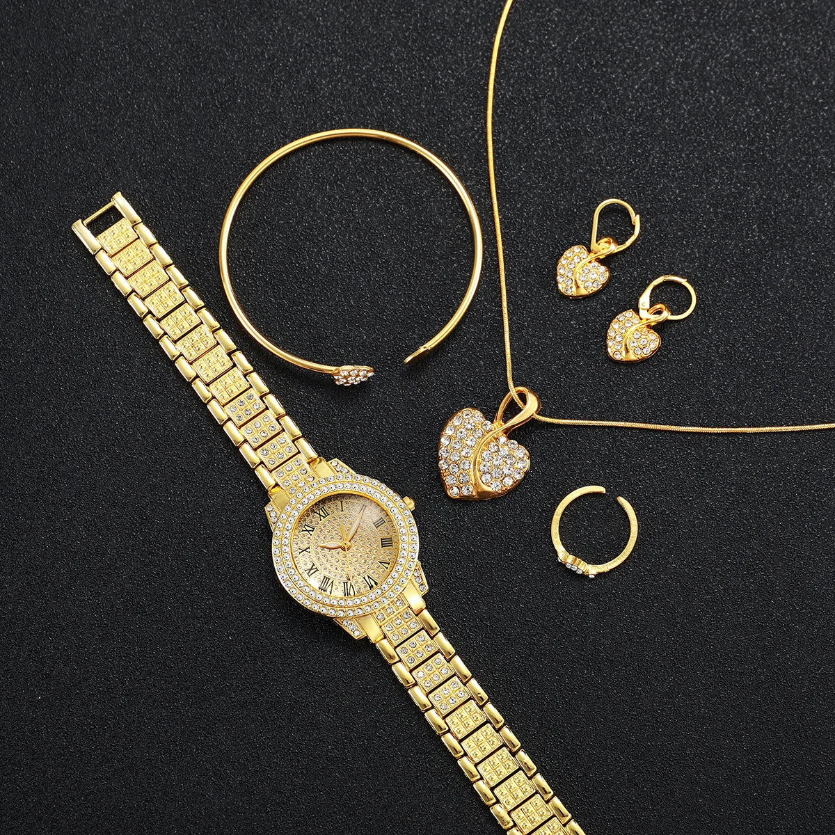 Gold alloy & Diamond Women Watch With Heart Jewelry Set (Without Box) 2 or 6PCS