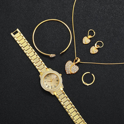 Gold alloy & Diamond Women Watch With Heart Jewelry Set (Without Box) 2 or 6PCS
