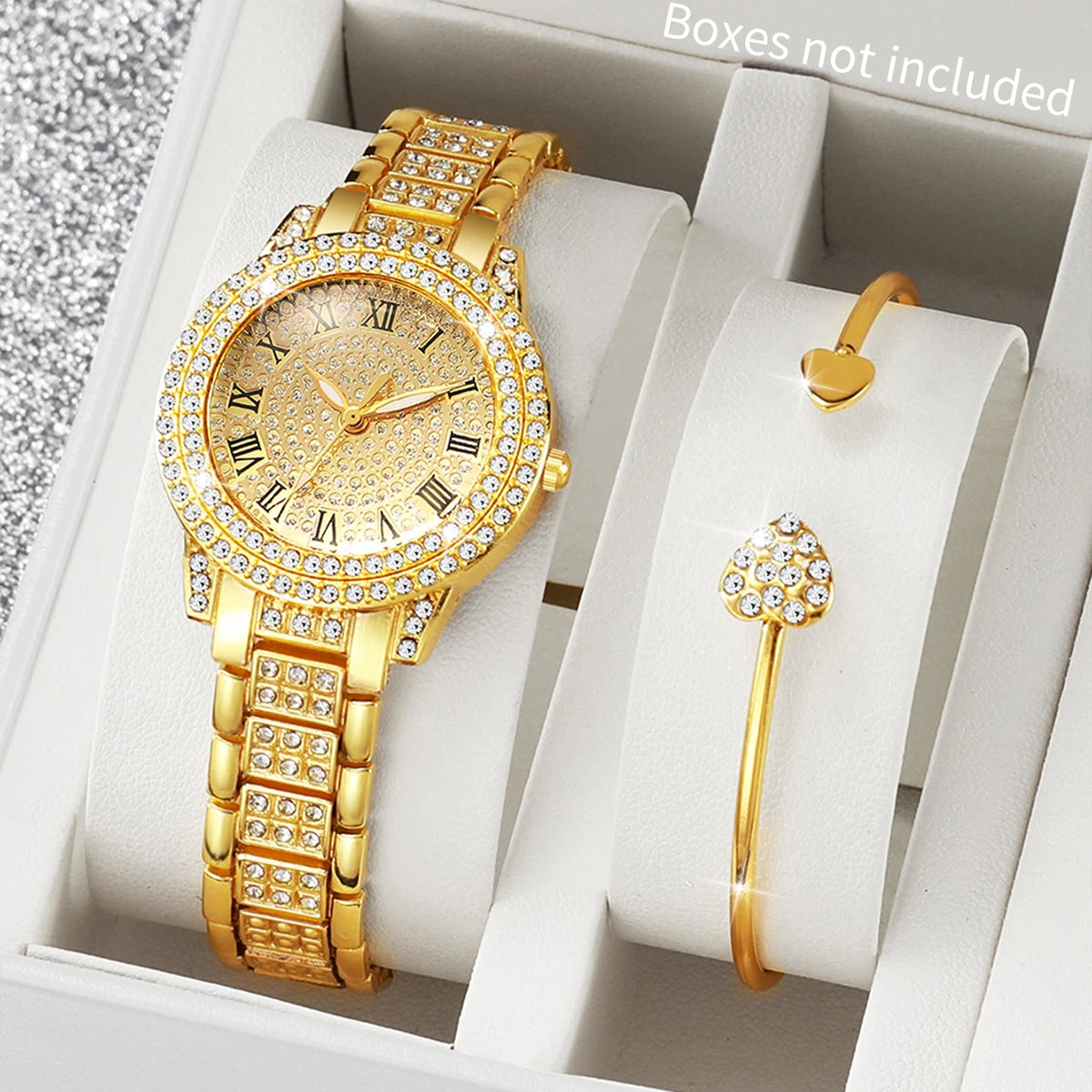 Gold alloy & Diamond Women Watch With Heart Jewelry Set (Without Box) 2 or 6PCS