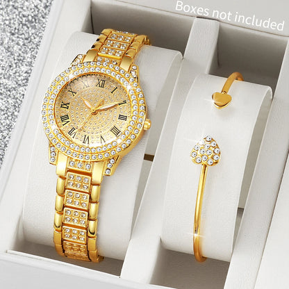 Gold alloy & Diamond Women Watch With Heart Jewelry Set (Without Box) 2 or 6PCS