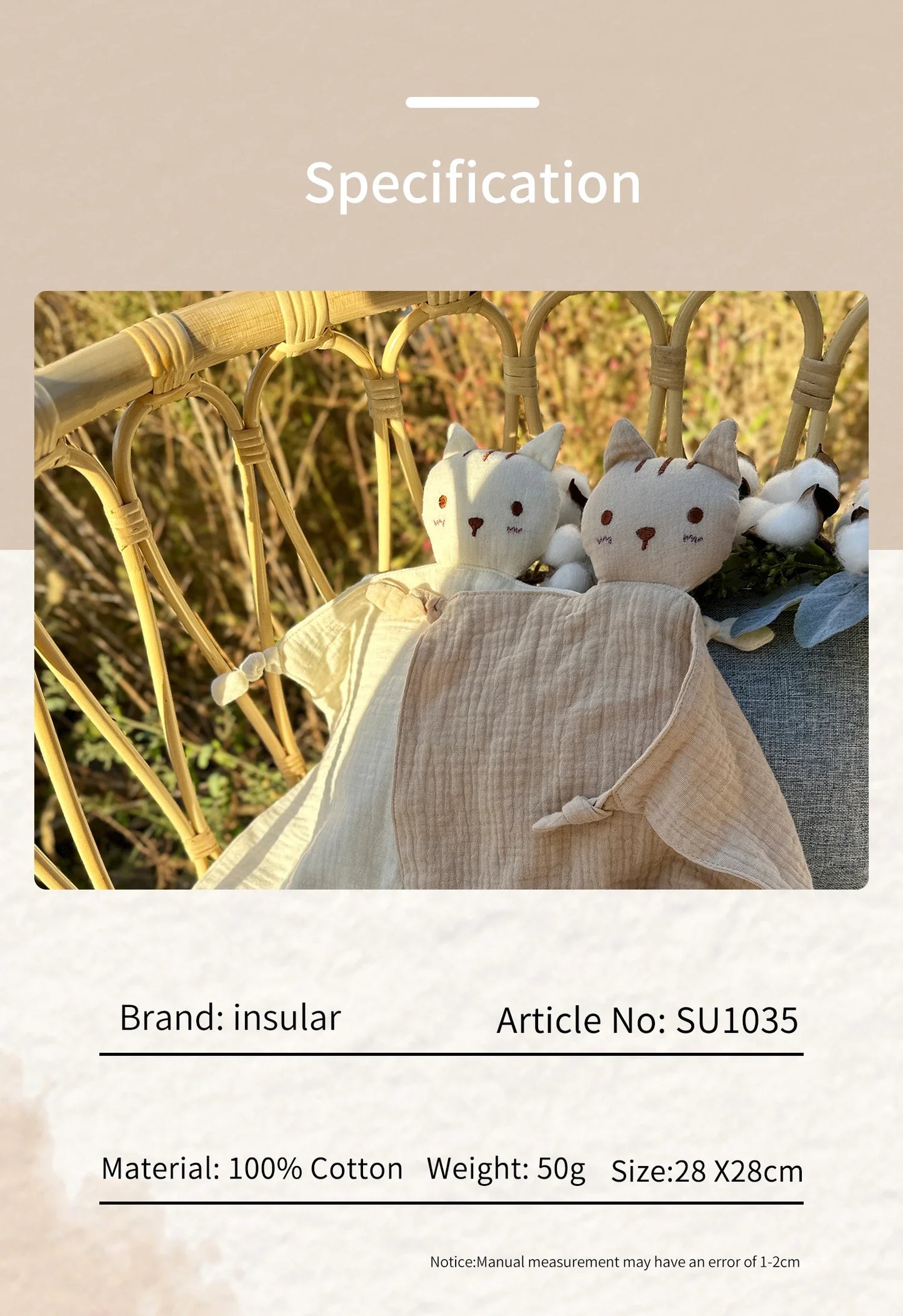 Soft Cotton Baby Bib Stuffed Cat Doll Newborn Towel Blanket