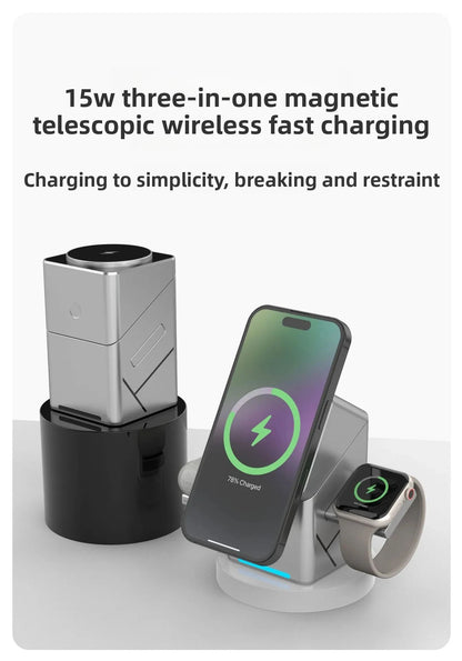 3 in 1 Cube Wireless Charger Auto Rotation Magnetic 15W Wireless Charging Station for IPhone 16 15 14 13 12 iWatch Airpods