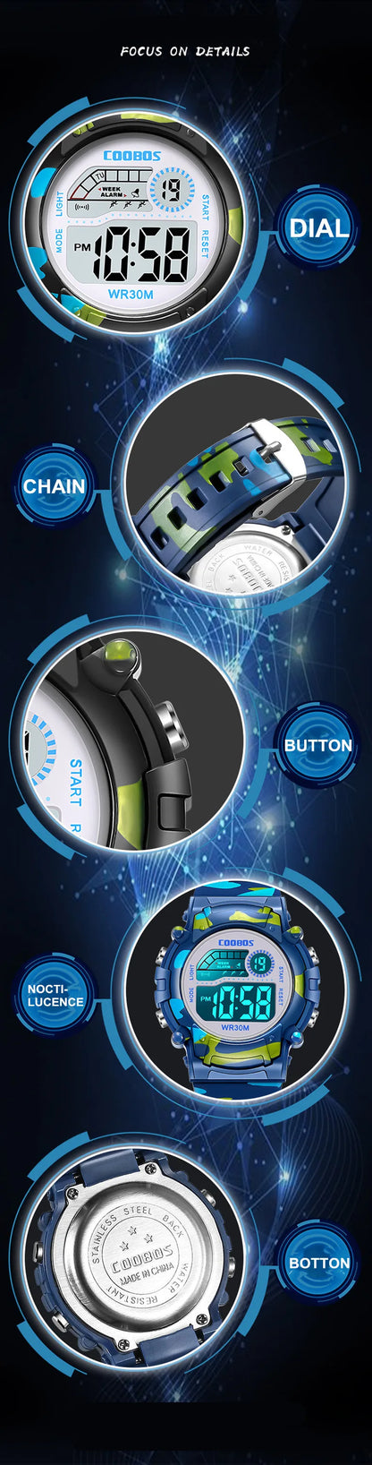 Digital LED Luminous Waterproof Watch for Kids Multi-function