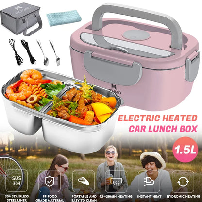 1.5L 65W Portable Electric Lunch Box for Car Or Home -  Stainless Steel Liner with Cloth
