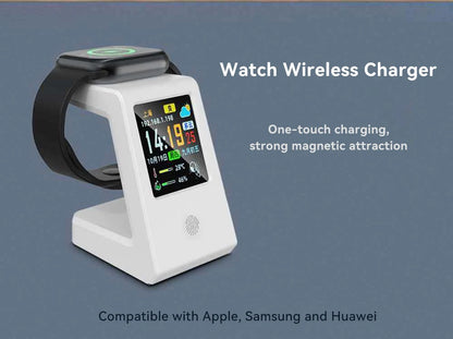 Smart WiFi weather clock, featuring wireless charging for watches, digital table clock, real-time weather display, touch control