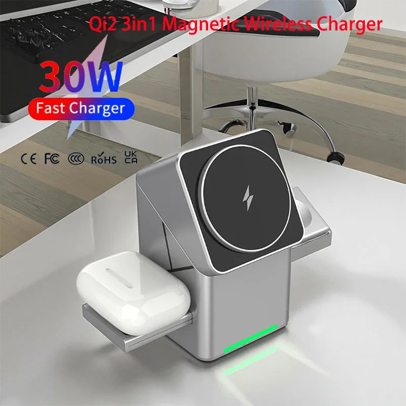 Rotating iphone  3in1 15w Magnetic Wireless Charger Stand For iPhone 16 15 14 13 12 Max  iWatch Airpods Fast Charging Dock