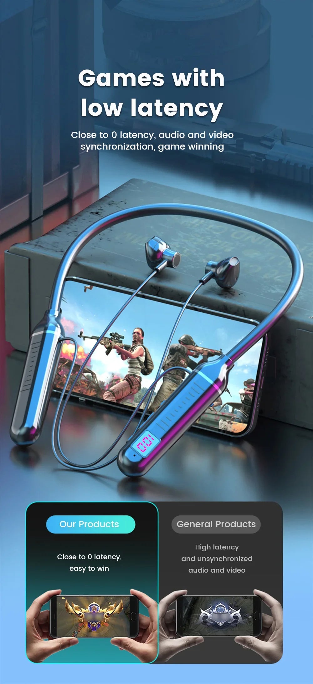 Wireless Earphones 5.3 Neckband LED Display Headphones  Waterproof Magnetic Earbuds