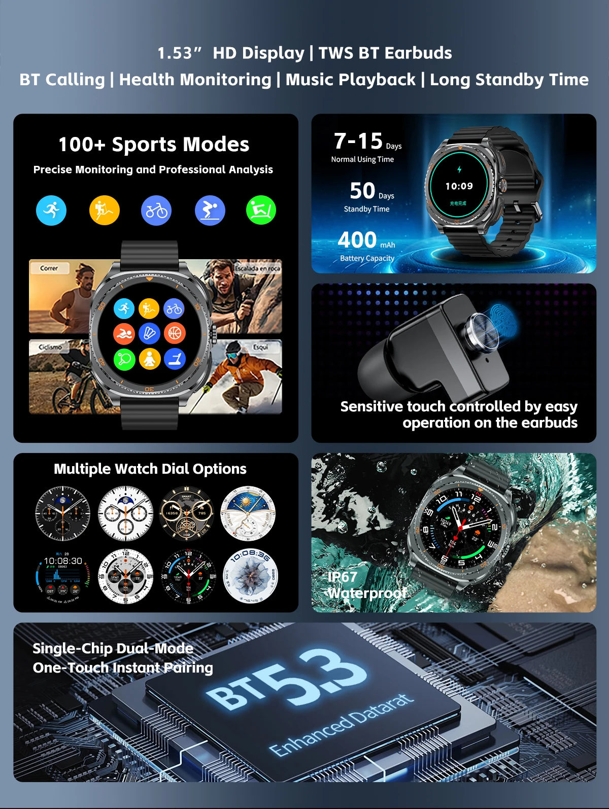 New watch earphones 2-in-1 smartwatch, Health monitoring device, wireless calling, 100+sports mode male and female smartwatches