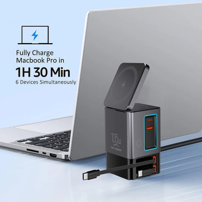 6-in-1 Cell Phone Charging Station with Retractable USB-C Cable Power Tower 105W Fast Charger for iPhone Airpod