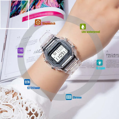 Electronic Transparent Watch Waterproof  Women Square Student Black LED Watch