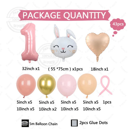 43pcs Rabbit Balloon Set With 32inch 1-9 Pink Number Balloon for Easter Themed Birthday Party Decoration Kids Toys Helium Globos