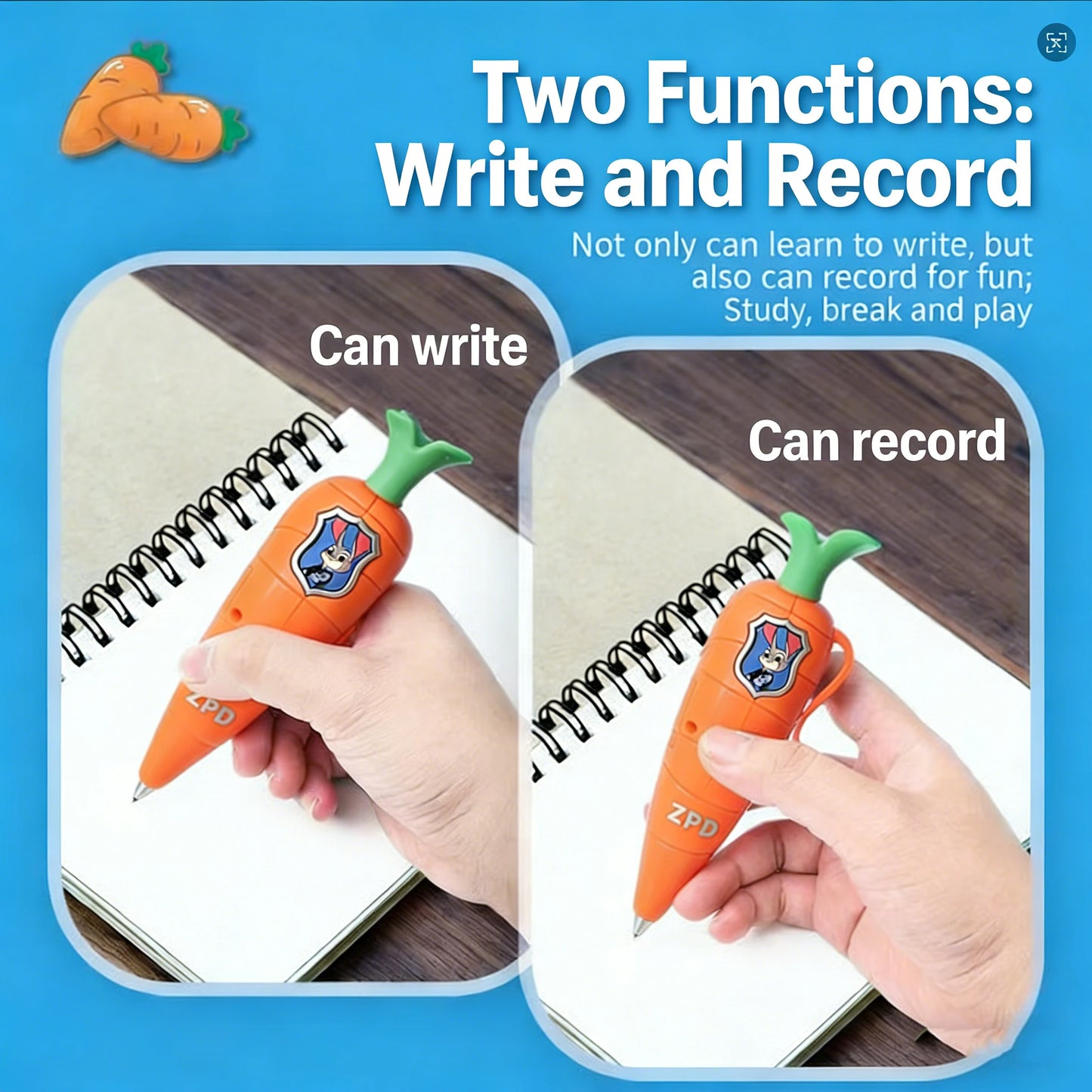 Zootopia 2 Carrot Recorder Pen (60-Second Mini Recorder) | 2-in-1 Judy & Nick Themed Kids’ Version | Movie Cosplay Prop & Gift