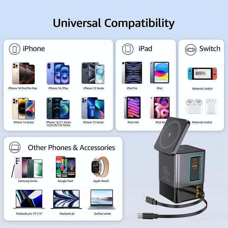 6-in-1 Cell Phone Charging Station with Retractable USB-C Cable Power Tower 105W Fast Charger for iPhone Airpod