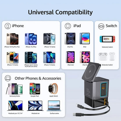 6-in-1 Cell Phone Charging Station with Retractable USB-C Cable Power Tower 105W Fast Charger for iPhone Airpod