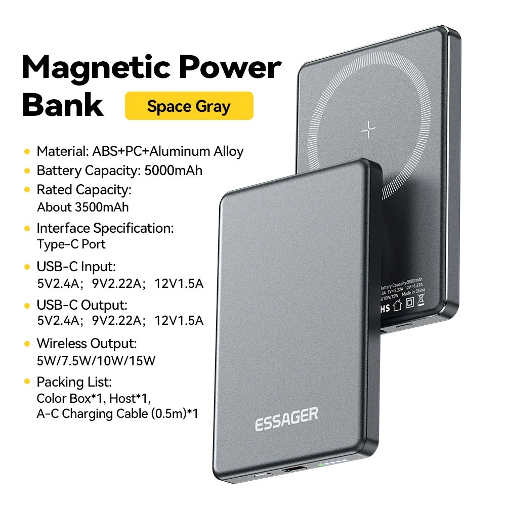 Essager  ultra Thin Wireless Magnetic External Battery 20W 5000mAh Fast Charging For iPhone 17 16 15 14