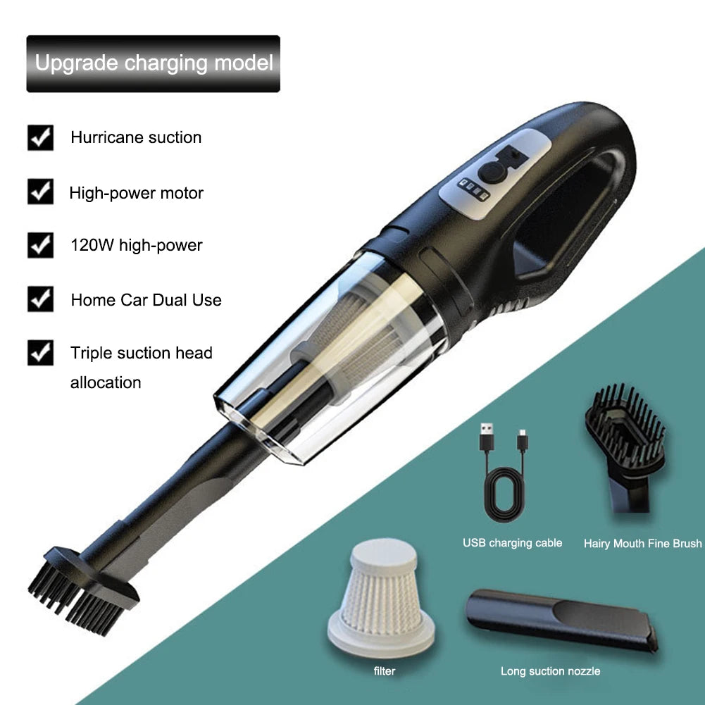 120W Portable Car Vacuum Cleaner USB Charging Handheld Cordless Vacuum