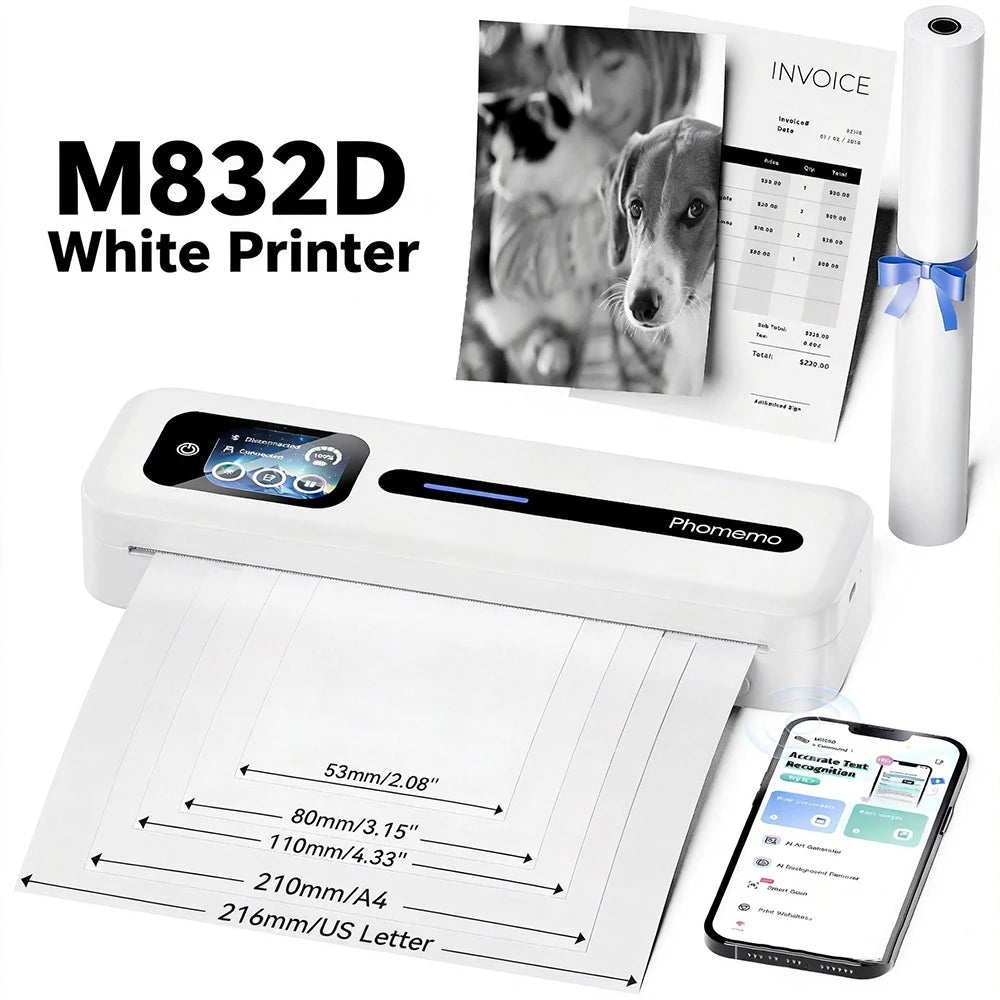 Phomemo M832D Touchscreen Portable Printer Thermal Inkless Supports Prints A4 & US Letter, Compatible with iOS/Android/PC