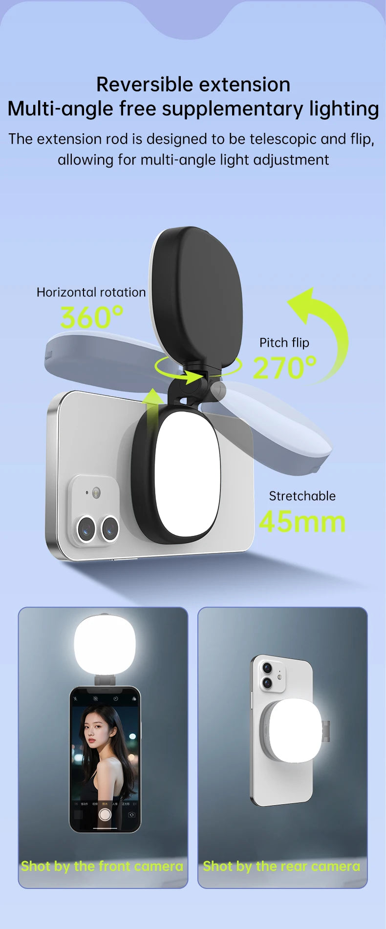 Mini Magnetic Selfie Mirror Led Light dual-colour adjustable reversible fill light bracket