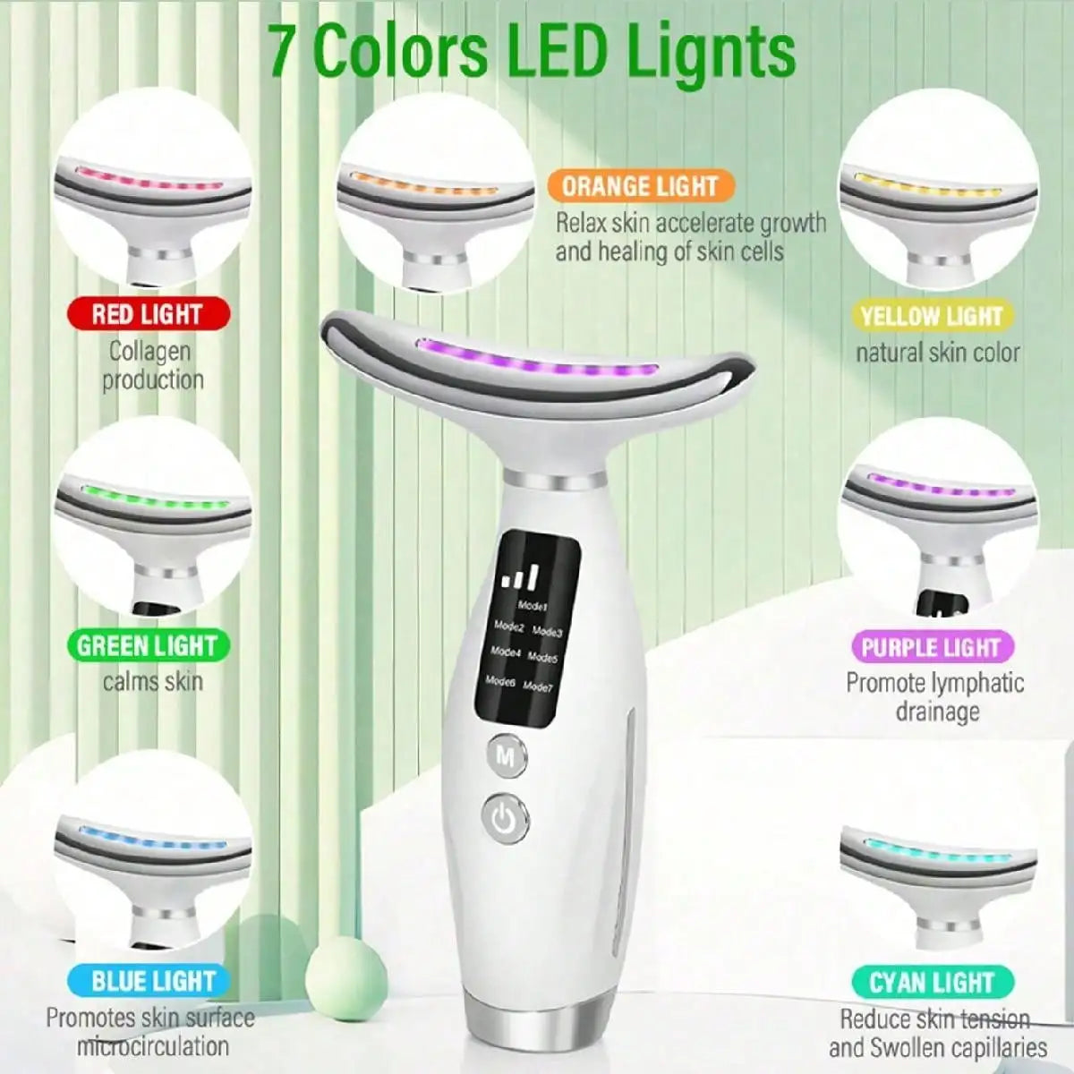 Colour Light Face And Neck Beauty Instrument 7 Modes And 7 Speeds Adjustment With Curved Hand Grip