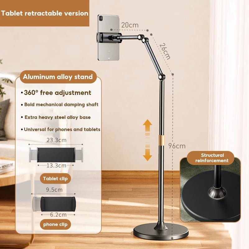 Stand Phone, Tablet Holder Floor Aluminum  Retractable iPad Clip