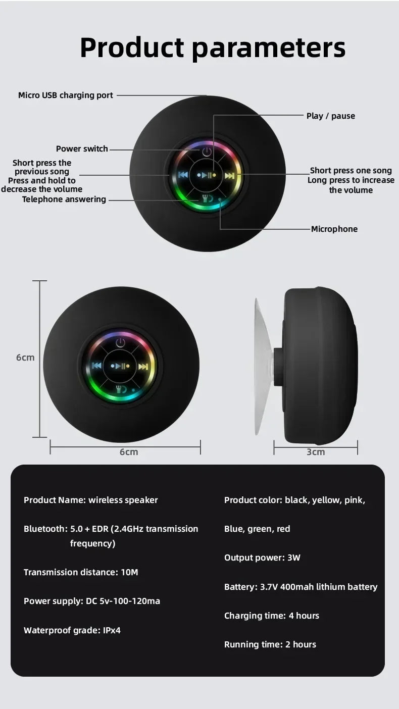 Mini Portable Bluetooth Audio IPX4 Waterproof Led Lights Bathroom Outdoor Large Suction Cup Can Be Adsorbed Wall Speaker