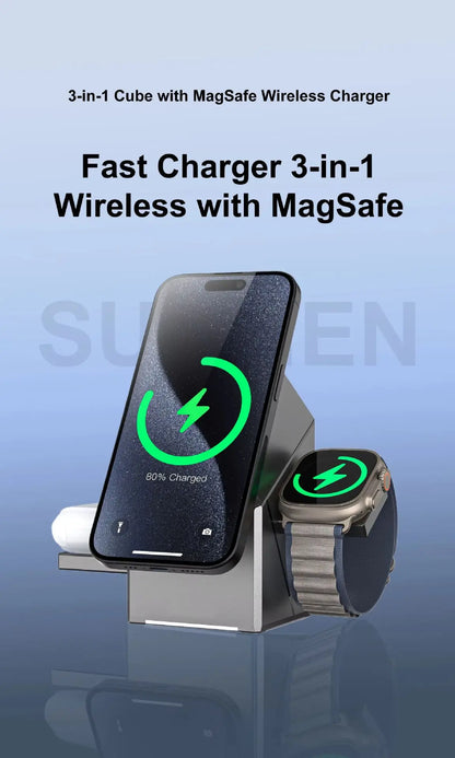 3 in 1 Cube Wireless Charger Auto Rotation Magnetic 15W Wireless Charging Station for IPhone 16 15 14 13 12 iWatch Airpods