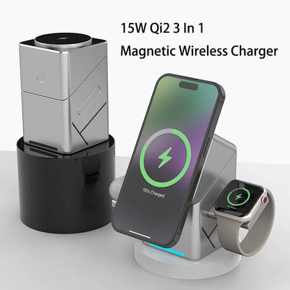 Rotating iphone  3in1 15w Magnetic Wireless Charger Stand For iPhone 16 15 14 13 12 Max  iWatch Airpods Fast Charging Dock