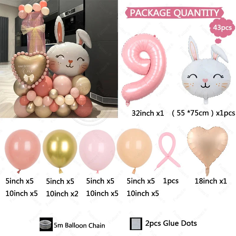 43pcs Rabbit Balloon Set With 32inch 1-9 Pink Number Balloon for Easter Themed Birthday Party Decoration Kids Toys Helium Globos