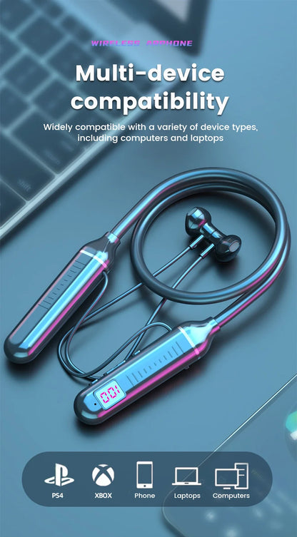 Wireless Earphones 5.3 Neckband LED Display Headphones  Waterproof Magnetic Earbuds