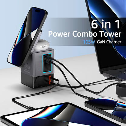 6-in-1 Cell Phone Charging Station with Retractable USB-C Cable Power Tower 105W Fast Charger for iPhone Airpod