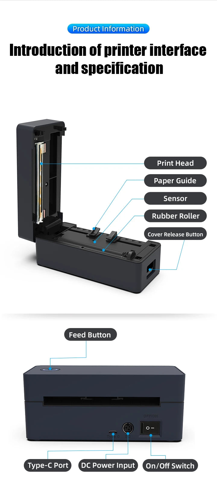 4 inch Bluetooth thermal printer for 30mm-110mm Paper label printer