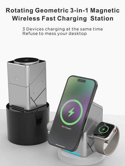 Rotating iphone  3in1 15w Magnetic Wireless Charger Stand For iPhone 16 15 14 13 12 Max  iWatch Airpods Fast Charging Dock