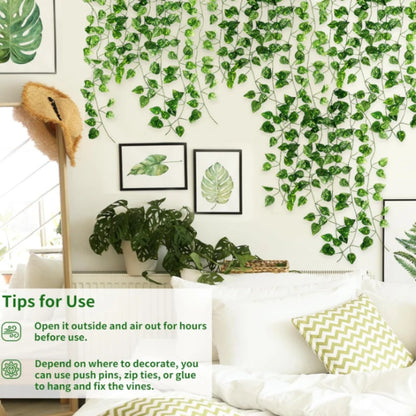 12pcs Artificial Plants Hanging Green Leaf - Fake Plant Vines Creeper