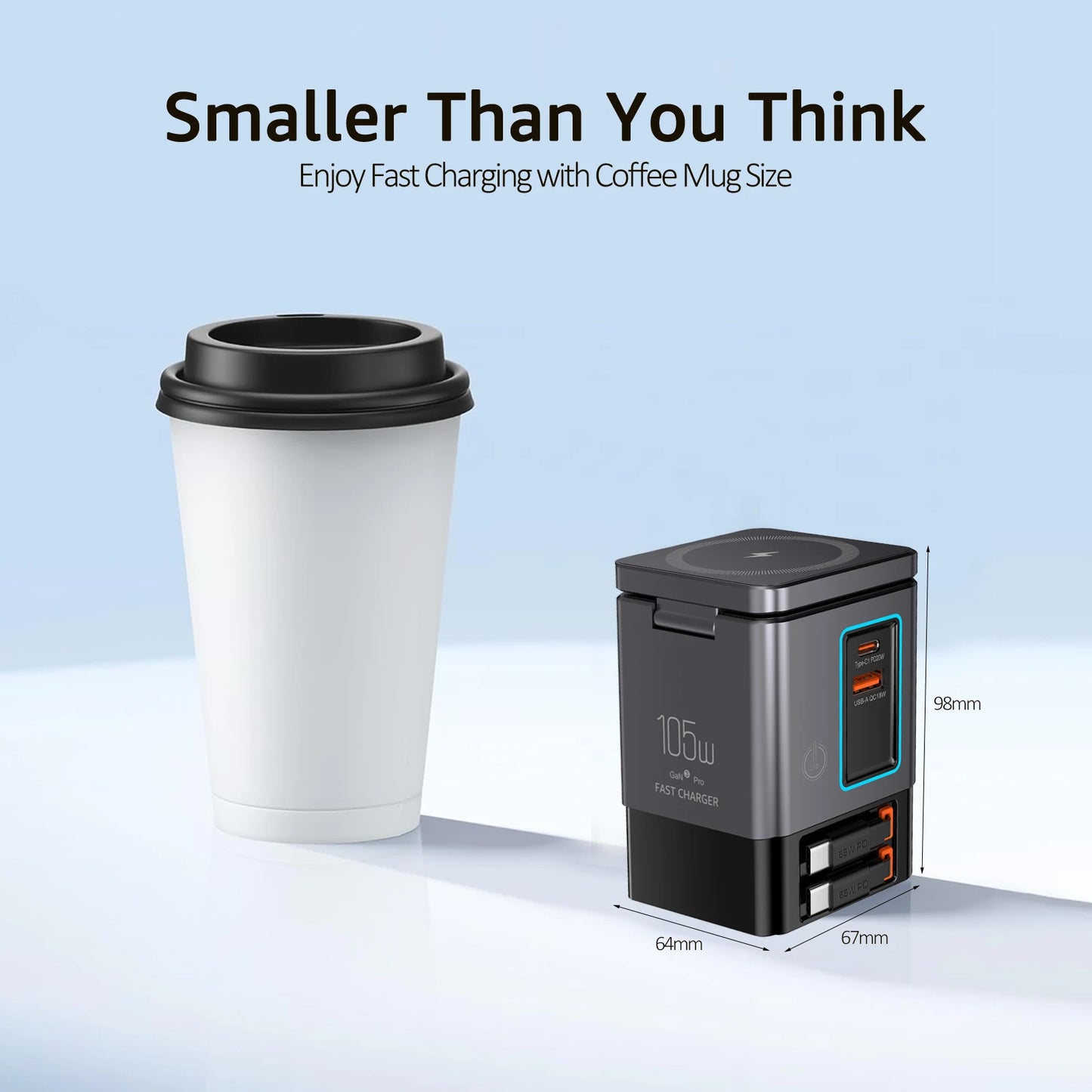 6-in-1 Cell Phone Charging Station with Retractable USB-C Cable Power Tower 105W Fast Charger for iPhone Airpod