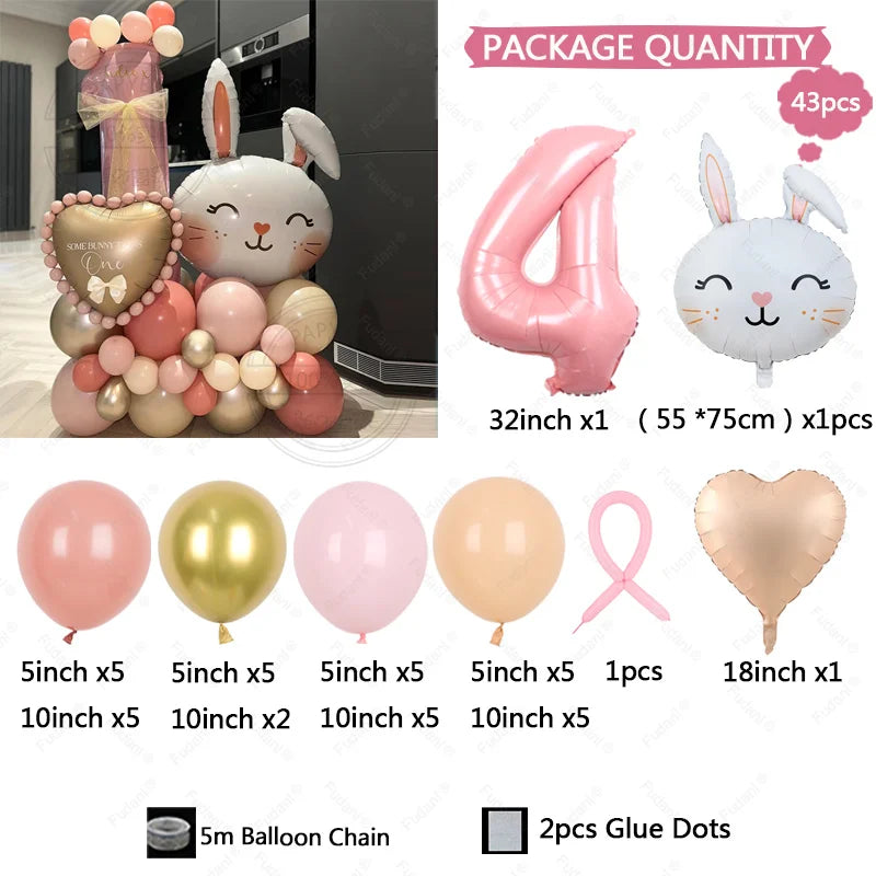 43pcs Rabbit Balloon Set With 32inch 1-9 Pink Number Balloon for Easter Themed Birthday Party Decoration Kids Toys Helium Globos