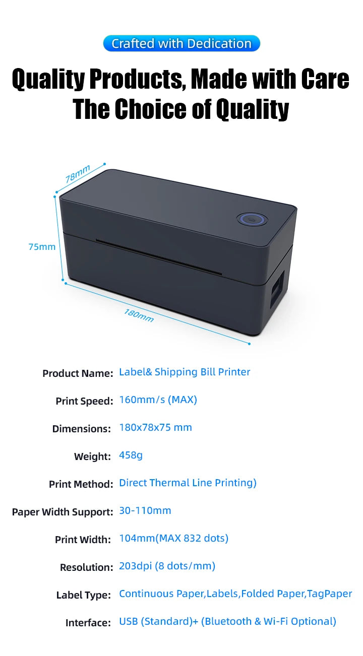 4 inch Bluetooth thermal printer for 30mm-110mm Paper label printer