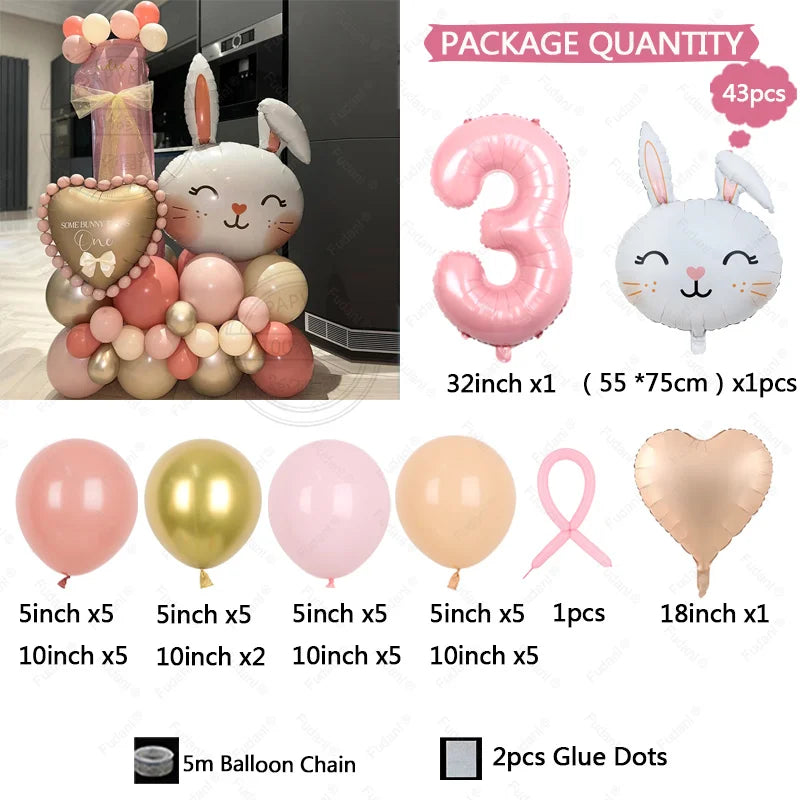 43pcs Rabbit Balloon Set With 32inch 1-9 Pink Number Balloon for Easter Themed Birthday Party Decoration Kids Toys Helium Globos