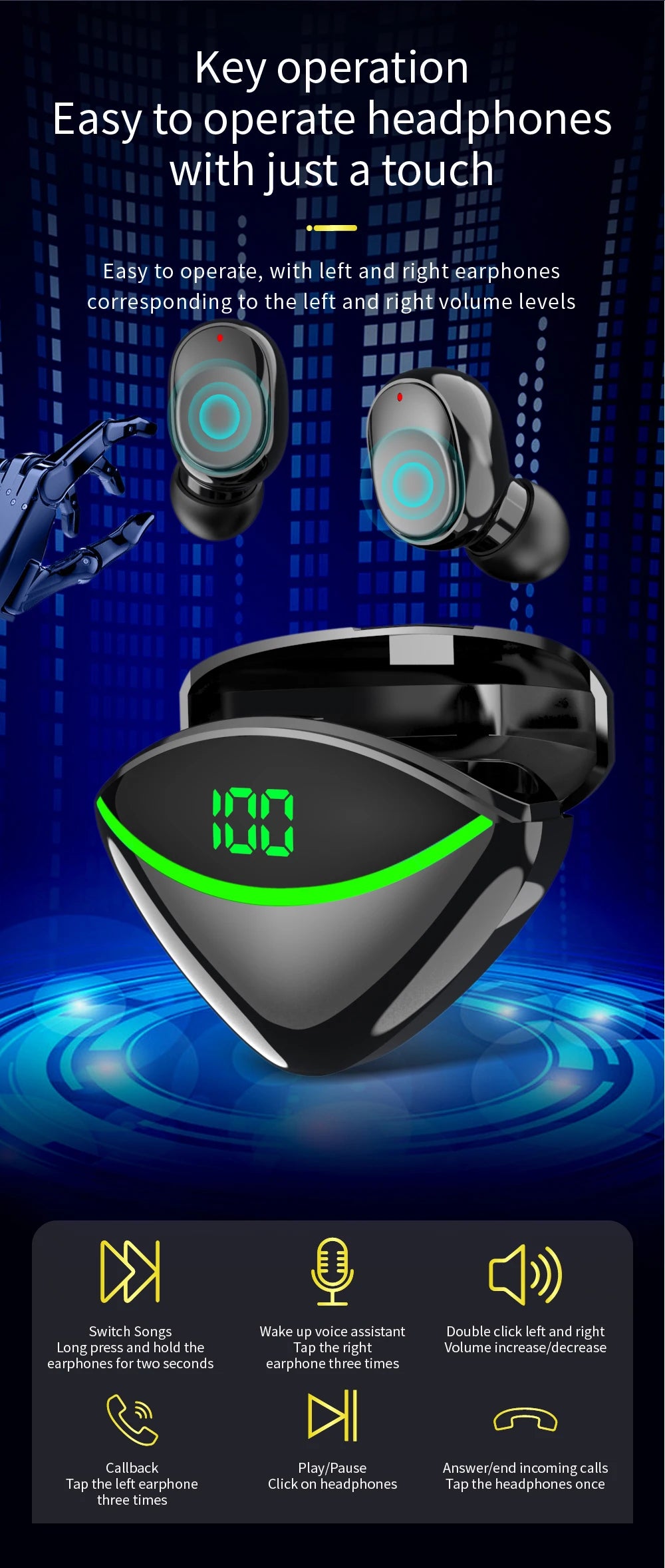 Wireless Bluetooth 5.3 Headset Earphones With Mic Smart Touch Headphones In-Ear Noise Reduction Earbuds