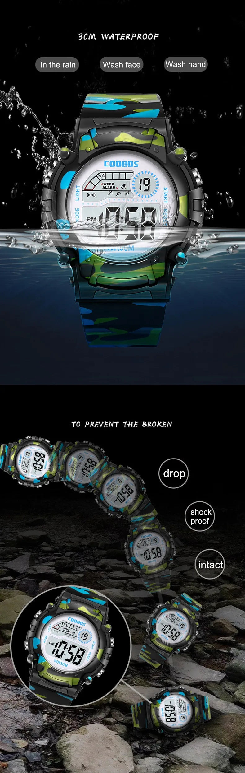 Digital LED Luminous Waterproof Watch for Kids Multi-function