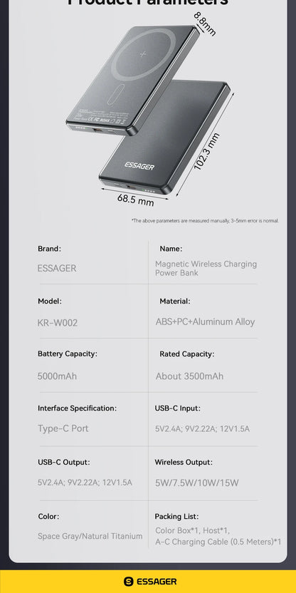 Essager  ultra Thin Wireless Magnetic External Battery 20W 5000mAh Fast Charging For iPhone 17 16 15 14