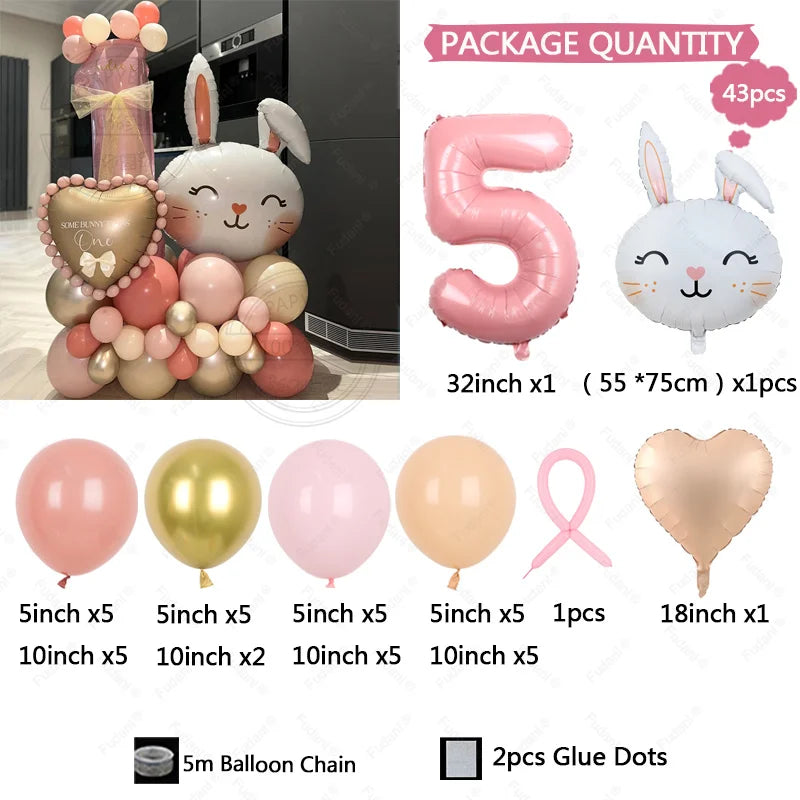 43pcs Rabbit Balloon Set With 32inch 1-9 Pink Number Balloon for Easter Themed Birthday Party Decoration Kids Toys Helium Globos