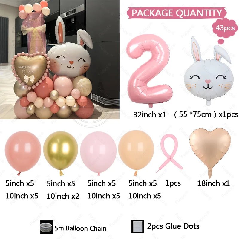 43pcs Rabbit Balloon Set With 32inch 1-9 Pink Number Balloon for Easter Themed Birthday Party Decoration Kids Toys Helium Globos